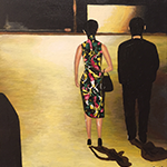 painting of a couple walking down a street at night, inspired by the cinema of Wong Kar Wai