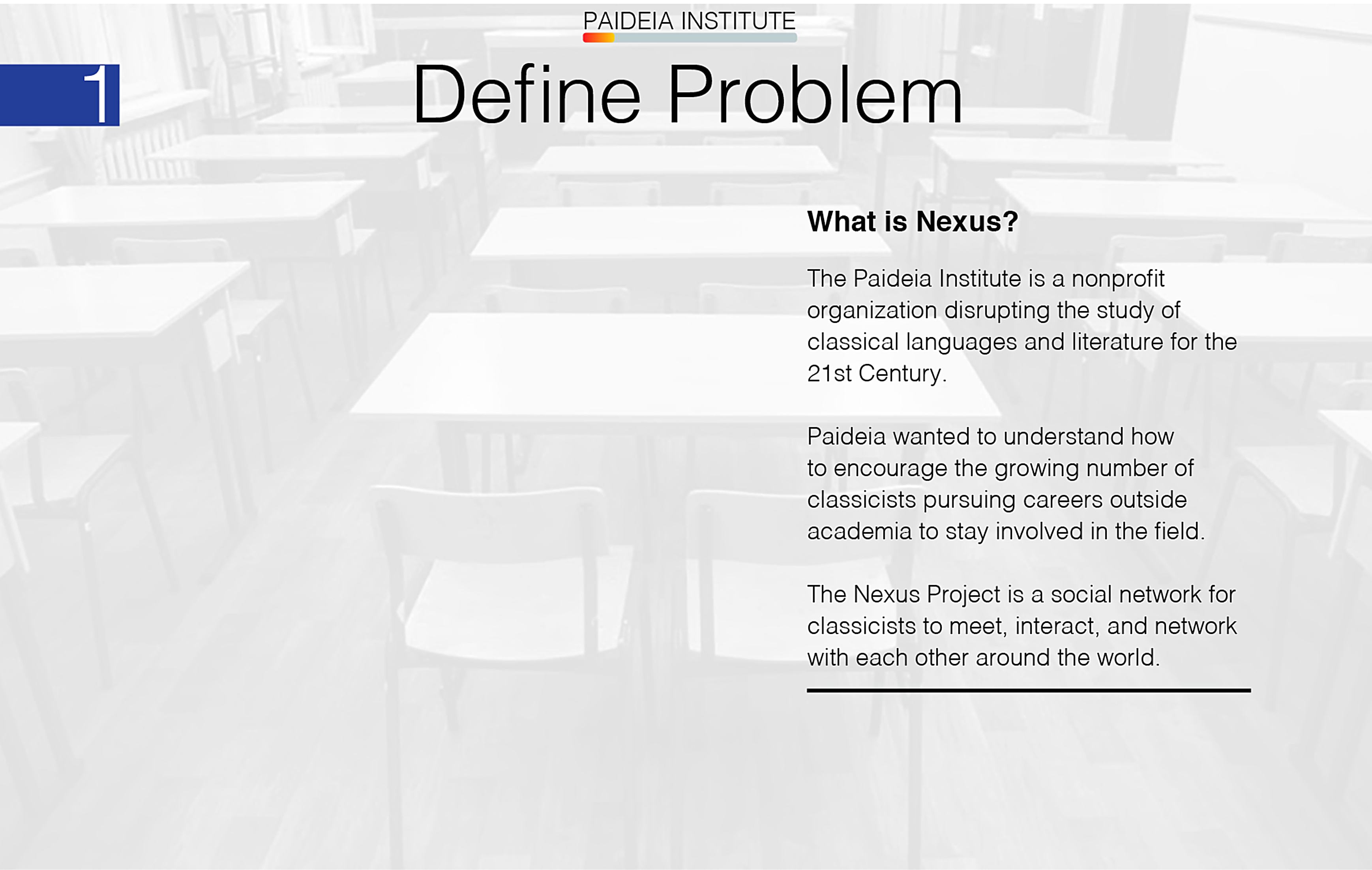 project landing page for nexus project, part of the paideia institute, discussing our main project goals, challenges, and outcomes