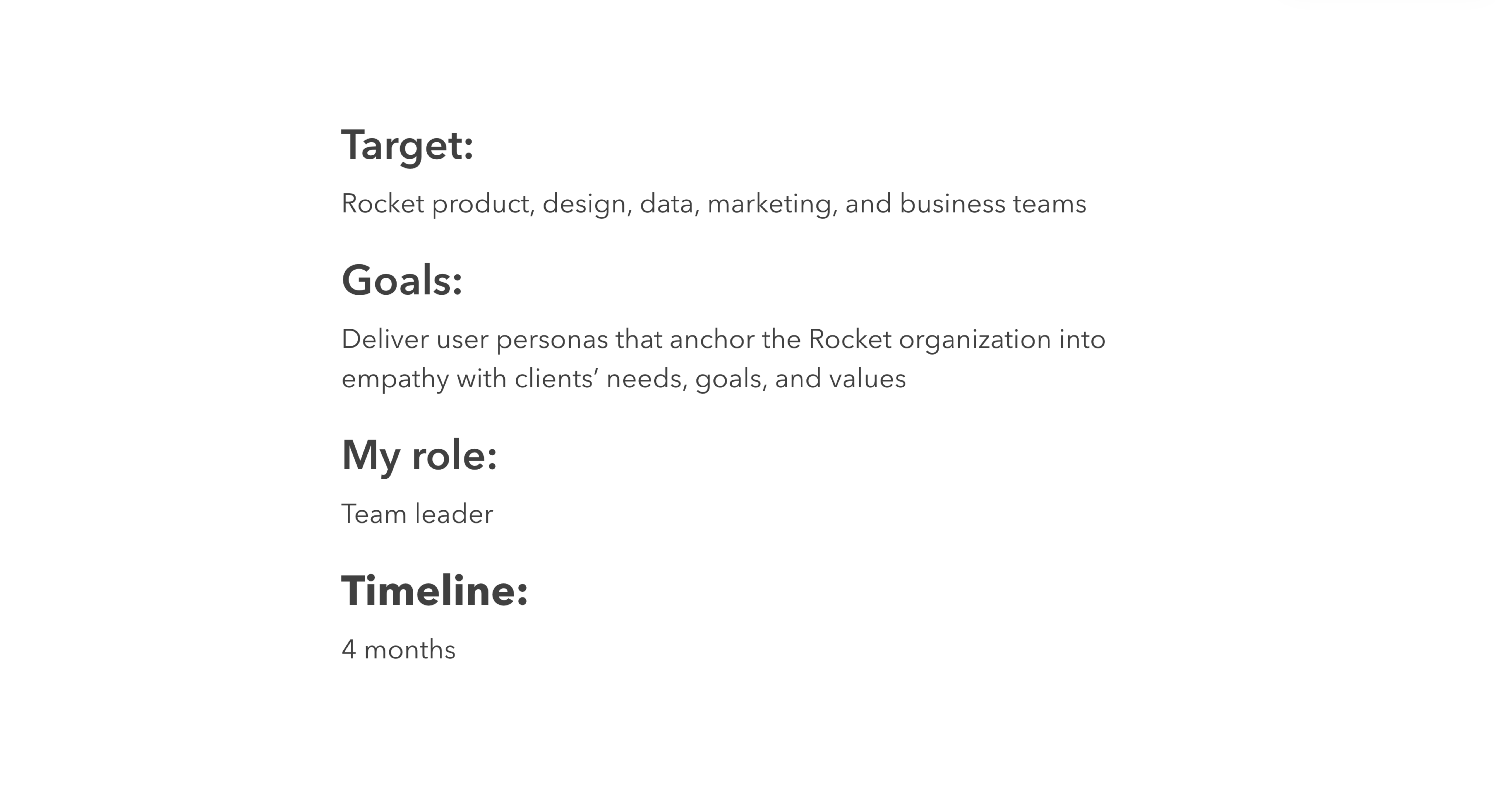 target, goals, my role, and timeline for the rocket mortgage personas ux project