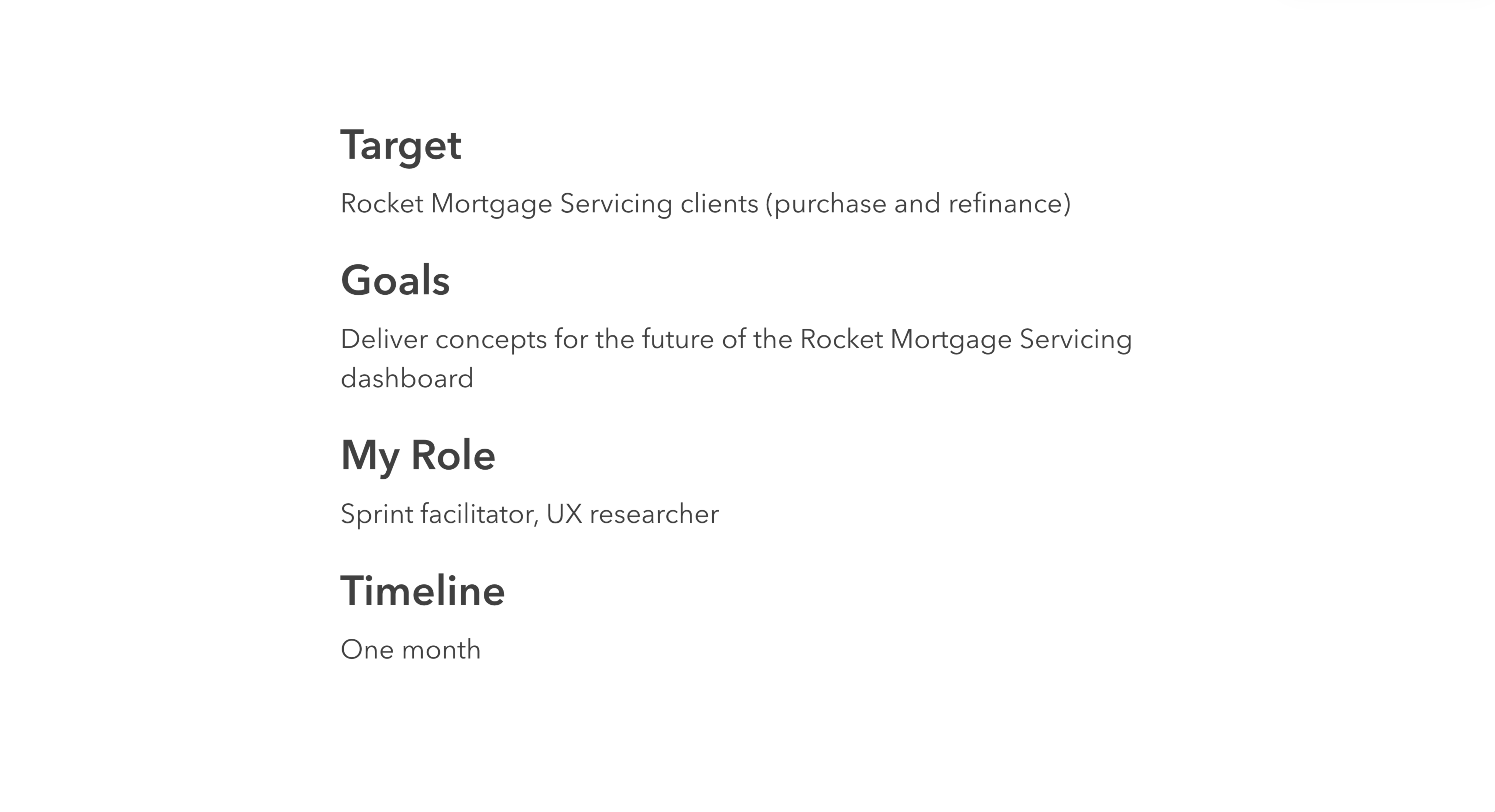 target, goals, my role, and timeline for the rocket mortgage personas ux project